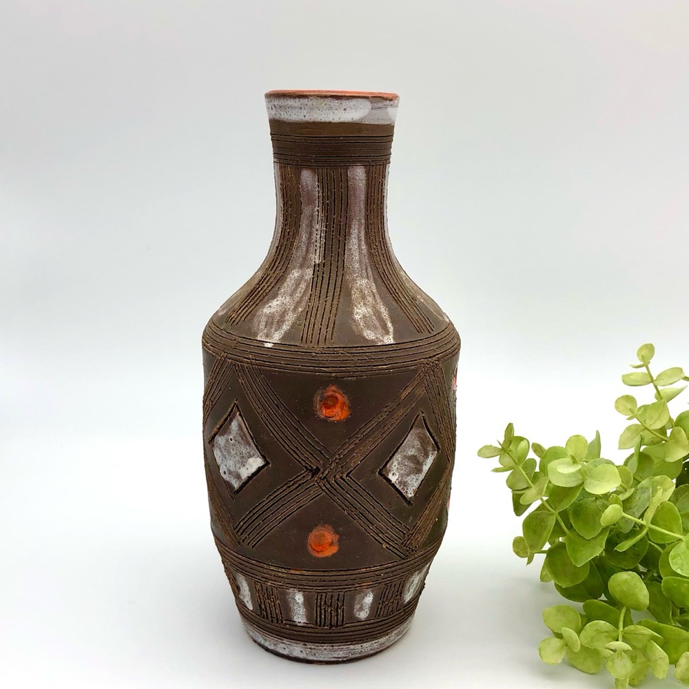 Italian Vase Hand Painted Incised Brutalist Primitive Textured Bottle Bud Italy